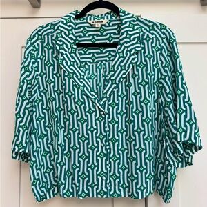 Boden Geometric Pattern Cropped Button Down Shirt - Green and White